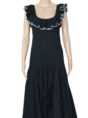 Merlette Smocked Ruffle Trim Sleeveless Ruched Black Maxi Dress XS